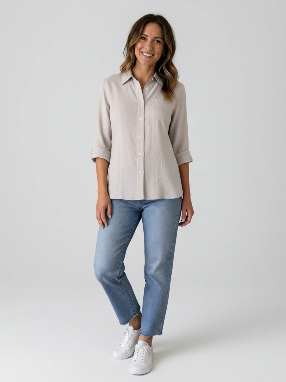 Kim Rogers 100% Linen Beige Button-Down Blouse – Women’s Medium Petite